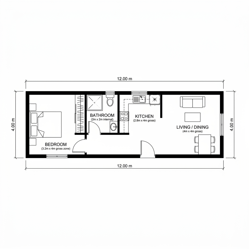 Detailed black-and-white architectural floor plan with bedroom, bathroom, kitchen, and living spaces